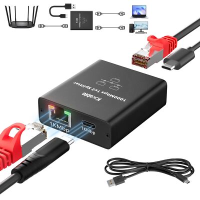 Ethernet Splitter 1 to 2 RJ45 & USB-C Adapter for MacBook Ethernet Connect