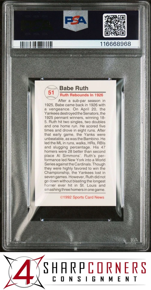 1992 SPORTS CARDS NEWS OLD TIME TOBACCO HAND CUT #51 BABE RUTH HOF POP 6 PSA 10 - Image 2 of 3
