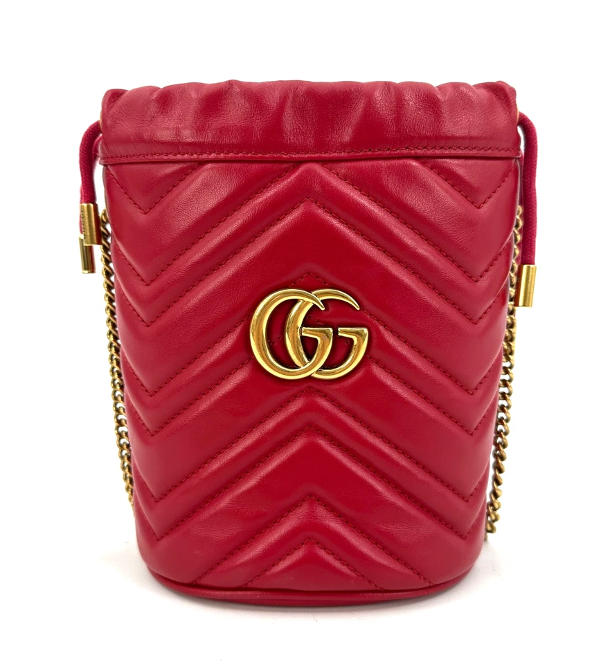 GUCCI Drawstring Chain Bag Marmont Red Leather Mini Shoulder Purse Authentic - Image 4 of 4