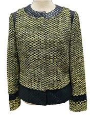 Carlisle  Green Textured Quilted Jacket Blazer Virgin Wool Blend Black Trim 8 
