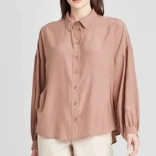 Prologue Light Brown Rayon Long Sleeve Button Down S