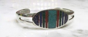 Inlaid Multi-Stone Sterling Silver Cuff Bracelet ~ 6-3/4" ~ 28.7grams ~ 2-E223