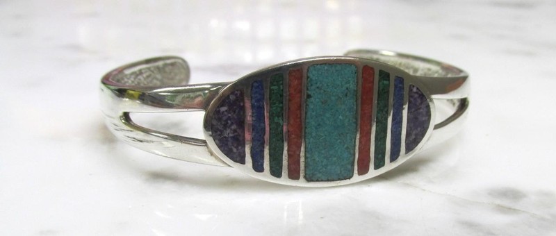 Inlaid Multi-Stone Sterling Silver Cuff Bracelet ~ 6-3/4" ~ 28.7grams ~ 2-E223