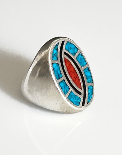 VTG. Signed Heavy Sterling Silver Turquoise + Coral Inlay Size 10.5 Ring 19 Gram - Picture 5 of 8