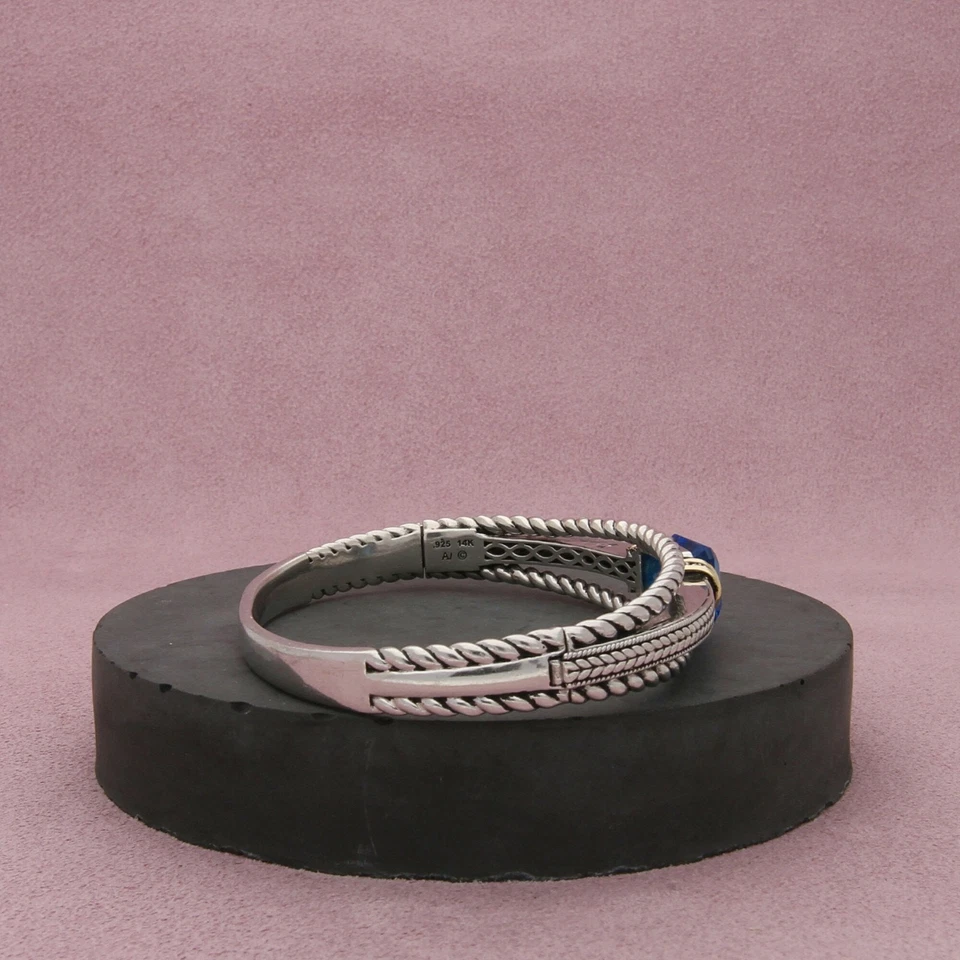 zales sterling silver & 14k gold diamond & topaz bangle bracelet size 7in - Image 3 of 3