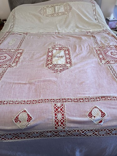 Beautiful Antique Natural Gauzy Linen Bed Cover Lace 84x84 with Pillow Cover - Picture 3 of 24