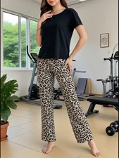 Womens Pyjama Set Short Sleeve Sleepwear Ladies Leopard Print Pant Lounge Set
