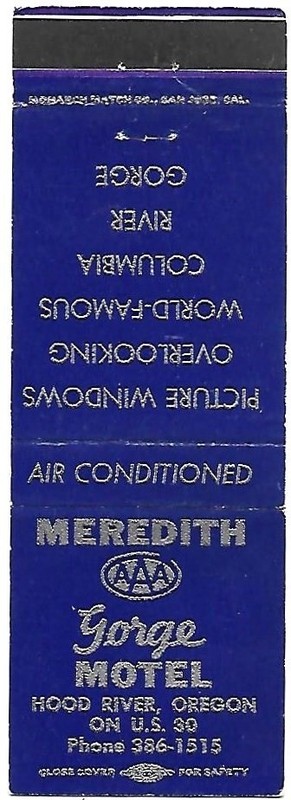Meredith Gorge Motel on US Highway 30 in Hood River, Oregon, FS Matchcover