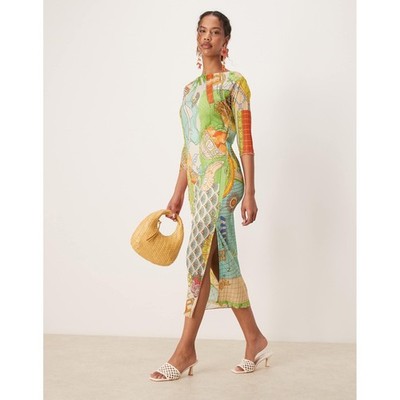 Never Fully Dressed Multi Print Plisse Midi Dress 3/4 Sleeve Side Slit NWT
