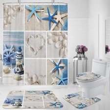 Starfish Shower Curtain Set Seashell Beach Coastal Conch Ocean Blue Bathroom ...
