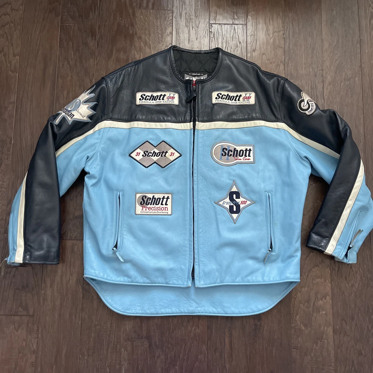 SCHOTT Formula One Mens Racing Leather Jacket Blue Black Sz 4XL Made In The  USA