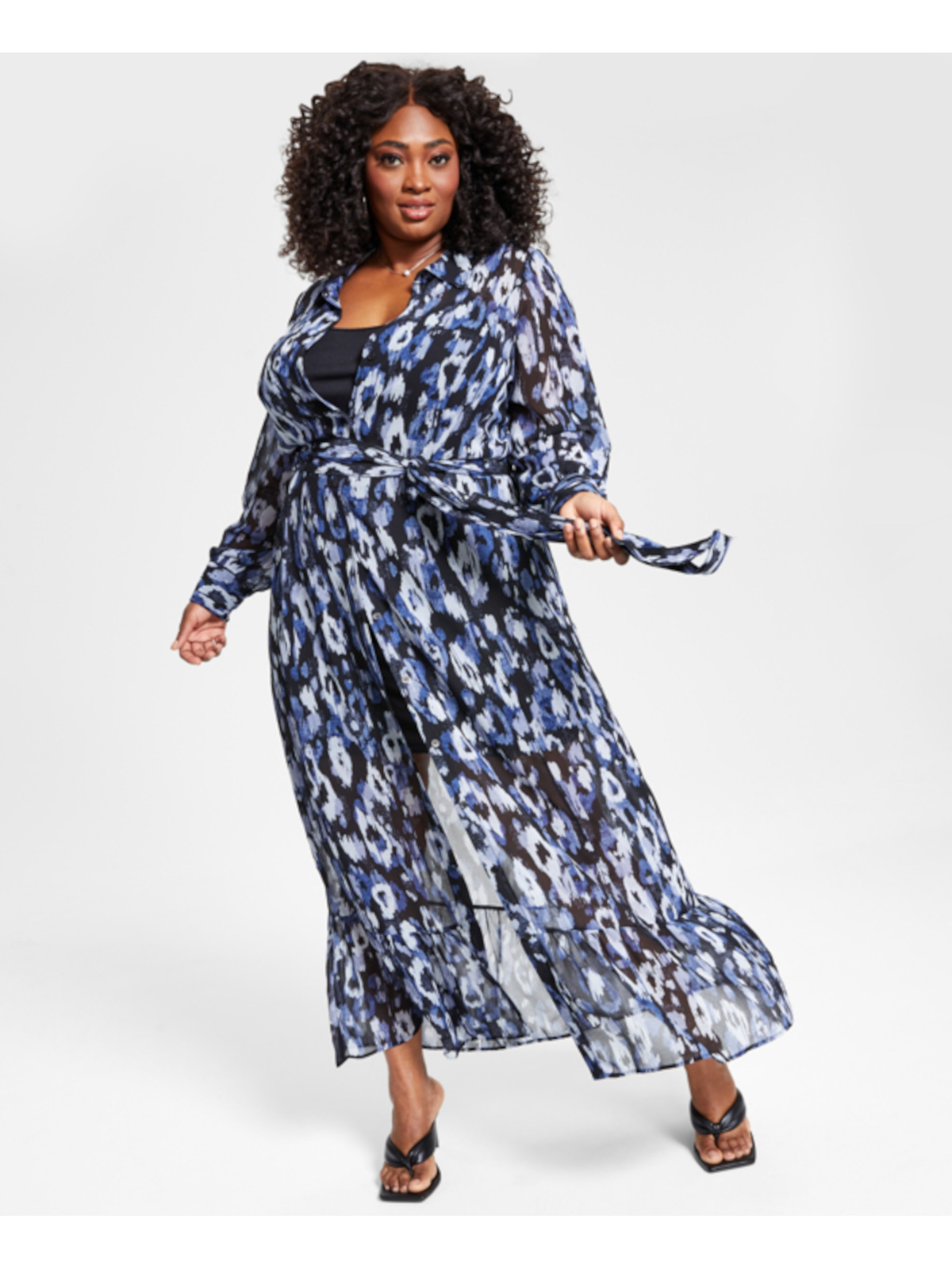 NINA PARKER Womens Navy Belted Button Front Lined Maxi Shirt Dress Plus 1X