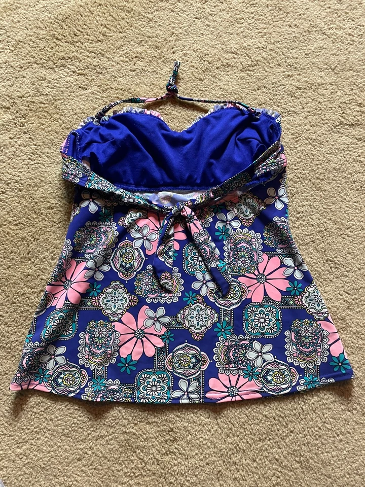 Traje de baño vintage Y2K Hobie Tankini cachemir floral sin tirantes abierto lazo trasero S Foto 3 de 3