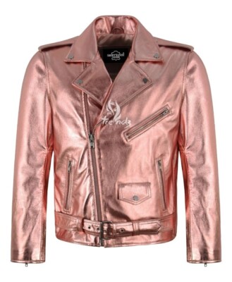 Mens BRANDO SLIM FIT Metallic Baby Pink Foiled Leather Jacket Biker Racer Jacket