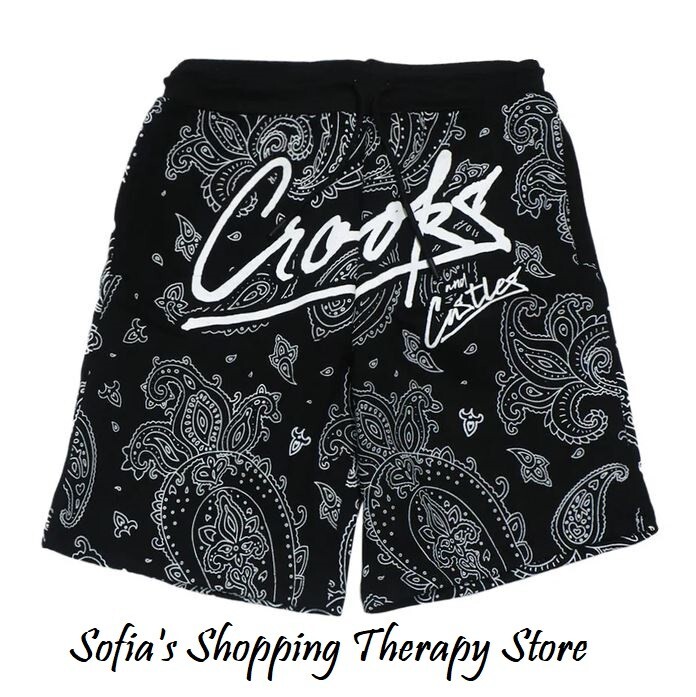Pantalones Cortos Crooks & Castles MEDIANOS Para Hombre Bandana Logo Script Terry Francés Sudor Negro
