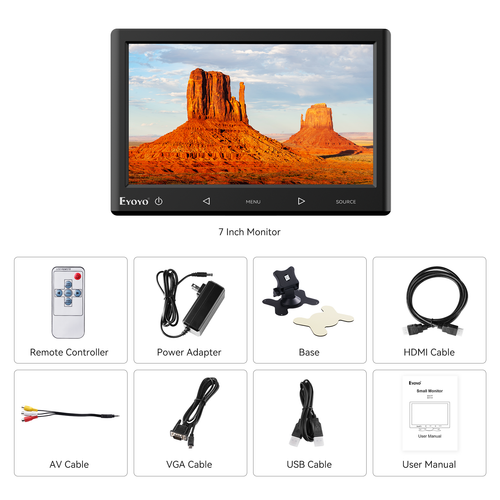 Eyoyo Mini 7in HDMI  Monitor 1024x600 VGA AV Screen 450 cd/m² Display for Car PC - Picture 8 of 8