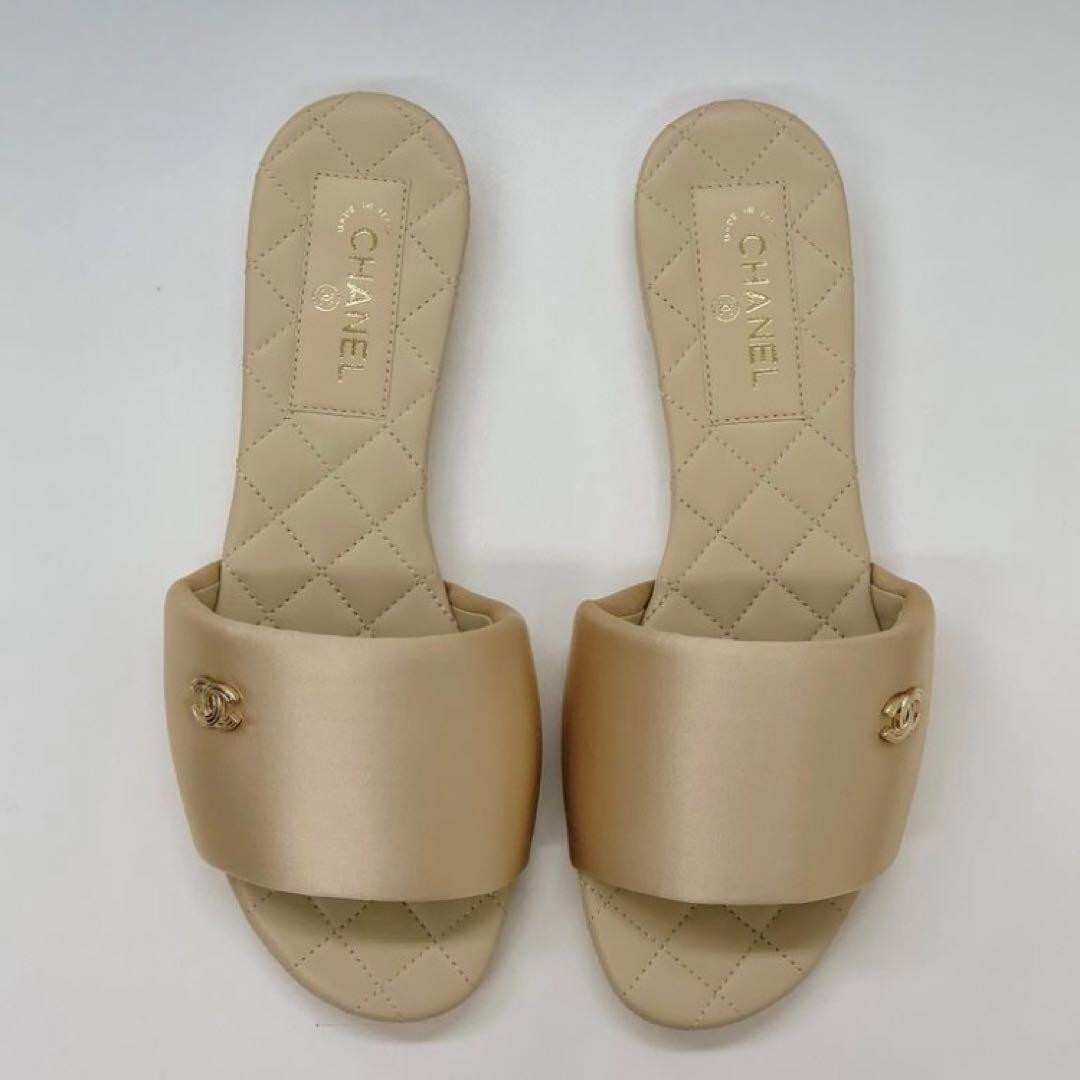 CHANEL Satin Coco mark Flat Sandals Mules Pumps Shoes Women CHANEL Satin Coco mark Flat Sandals Mules Pumps Shoes Women