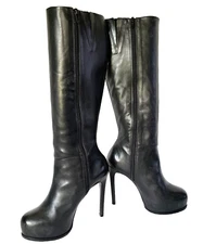 Pour La Victoire Black Leather  Platform Stiletto Heell Knee-High Boots US 7.5
