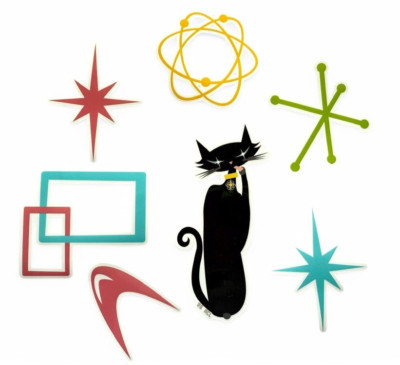 Retro Atomic Mid Century Vinyl Stickers Kitty at Bath Time Starburst Atom