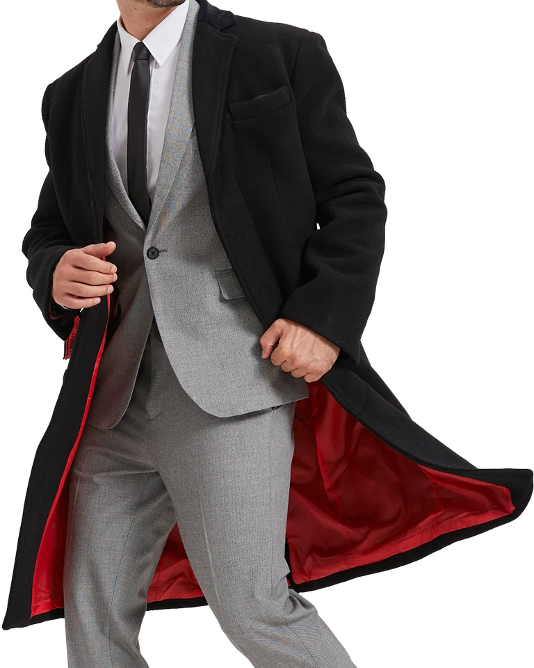 Abrigo largo cubierto de lana negra para hombre cálido invierno mod abrigo de cachemira cuello de terciopelo Foto 3 de 4