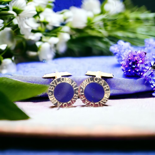 Authentic! Bvlgari Bulgari 18k Yellow Gold Lapis Lazuli Cufflinks - Picture 2 of 6