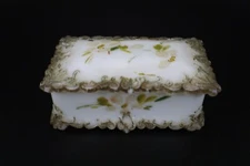 Covered TRINKET DISH Box 2-Piece White Glass Hand Painted Flowers Floral