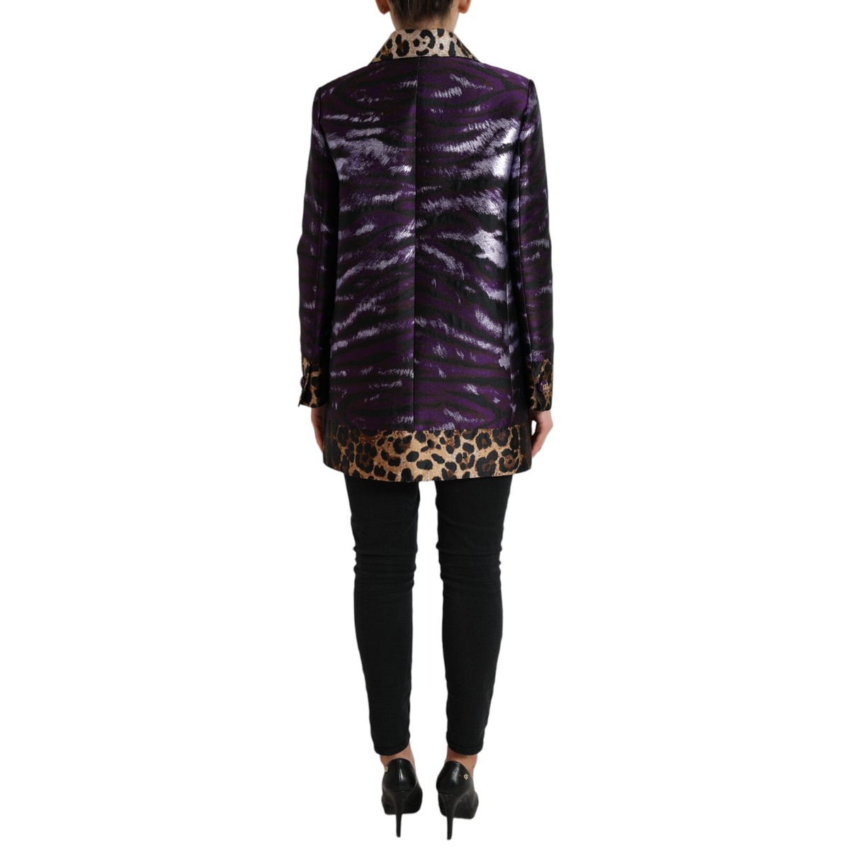 DOLCE & GABBANA Jacket Purple Lamé Jacquard Tiger Print Coat DOLCE & GABBANA Jacket Purple Lamé Jacquard Tiger Print Coat