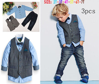 New!3PCS Baby Boys Gentleman Waistcoat Shirt Jeans Set Kids Clothes Outfits