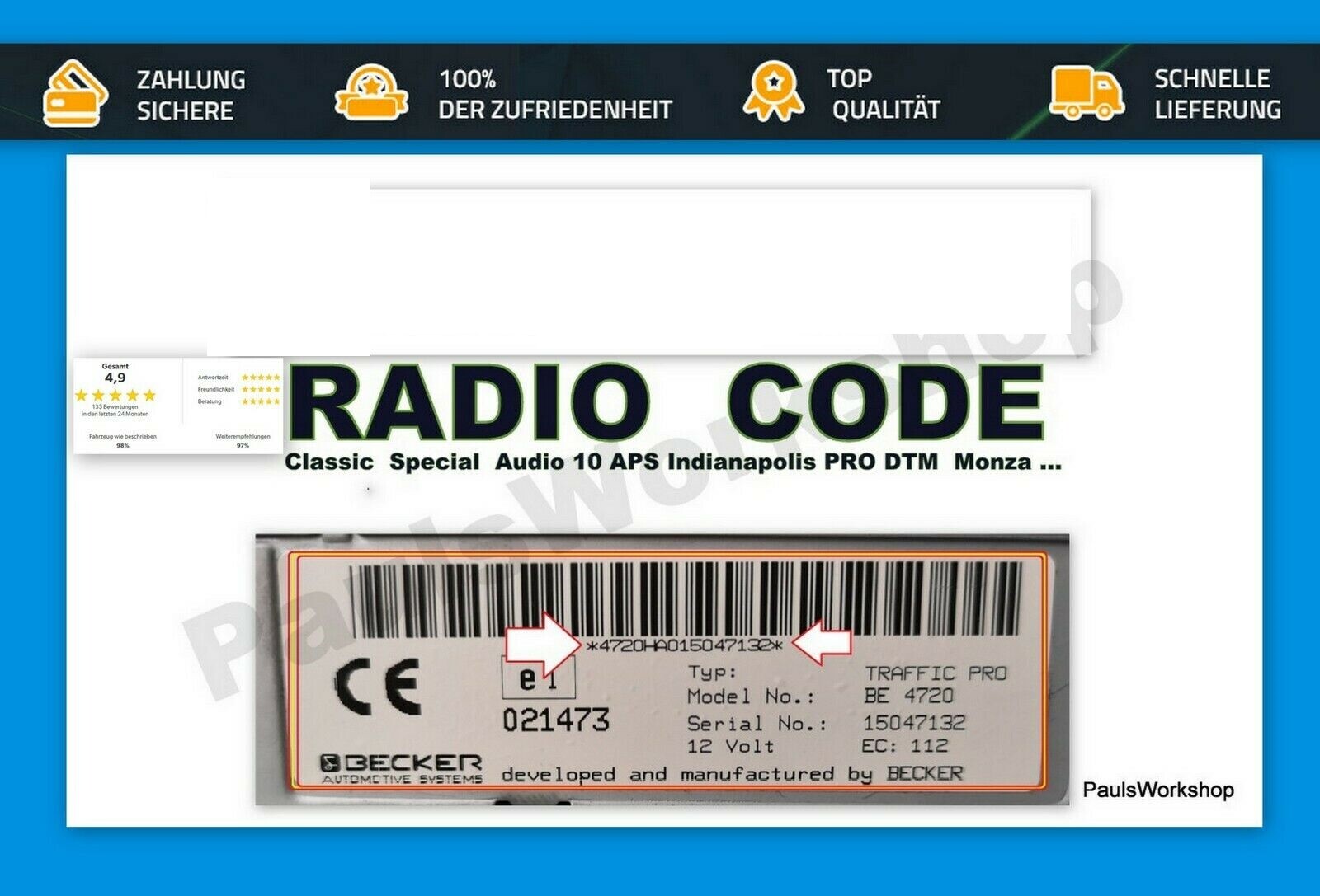 Becker Radio Code Mercedes Traffic Pro Indianapolis DTM Monza Exquisit