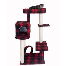 50 inch tall classic solid wood cat tree with balcony, bench, and mini perch.
