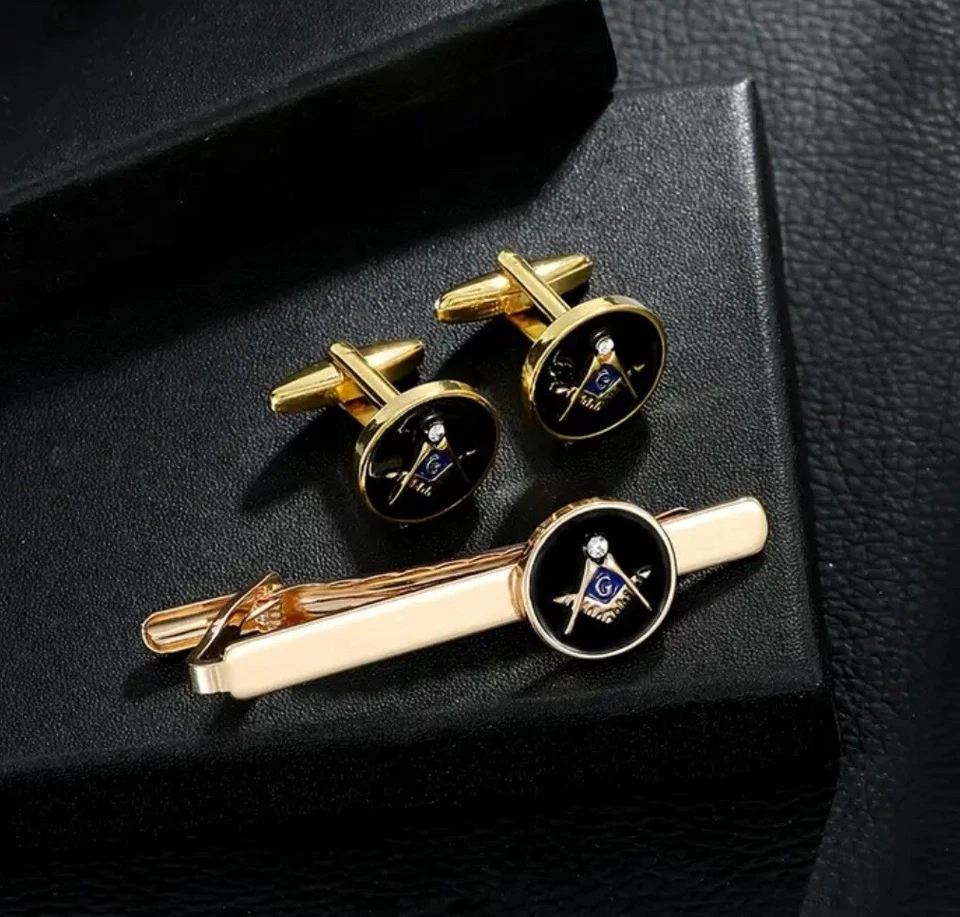 NUEVO EN CAJA Juego de gemelos barra clip corbata masónica Free Mason tono dorado Foto 3 de 4
