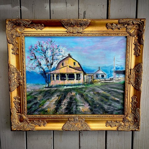 Original Painting Farms In Spring Blossom Fauvism Landscape Gold Leaf Framed Art - Picture 1 of 11