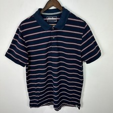 Eddie Bauer Short Sleeve Polo Shirt Mens Large Blue Striped Preppy Heritage