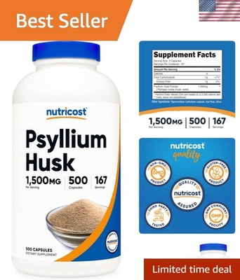 Psyllium Husk 1500mg Per Serving, 500 Capsules - Non-GMO & Gluten Free