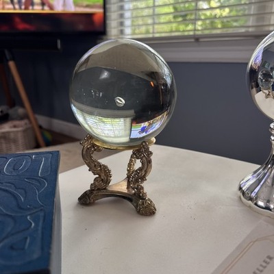 5  Vintage Clear Crystal Glass Ball Sphere On Brass Dragon Stand
