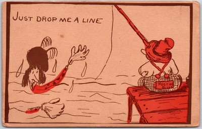 Just Drop Me A Line, 1907 Fisherman & Drowning Man Wordplay, Vintage Postcard