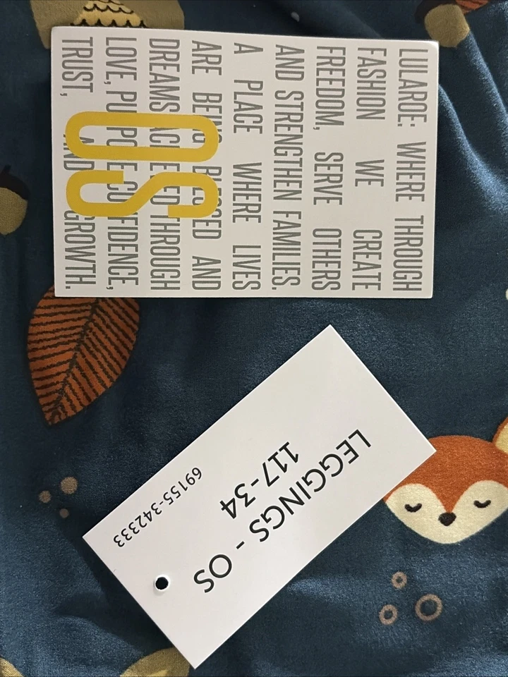 Lularoe (2-10) OS 紧身裤森林带狐狸猫头鹰橡子石蓝色背景全新带标签 — 第 3/3 张图片