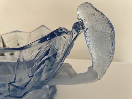 Rare Vintage Glass Bowl Brockwitz Art Deco Design Parakeet Bird Blue 10” - Picture 5 of 19
