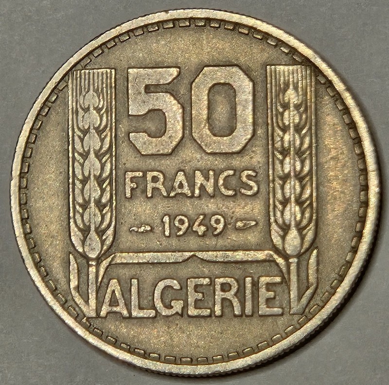 1949 ALGERIA FRENCH OCCUPATION 50 FRANCS KM-92 N-798 ORIGINAL 1-YEAR TYPE COIN