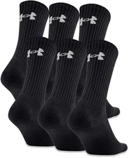 6 Pair UNDER ARMOUR Men Crew Socks BLACK Size Large 8-12 Cotton Pack
