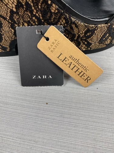 ZARA BASIC Size 7.5 Black Leather Lace Platform Sandal Heel Wedge Buckle - Picture 6 of 6