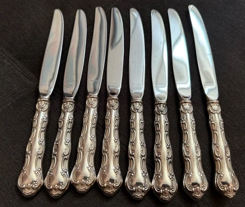 8 Gorham Strasbourg Sterling Silver Handle Stainless Blade Dinner Knives – 9”