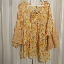 Cato Women’s 26/28 W Floral Leaves Bell Sleeves Tie Neck Tassel Boho Cottage