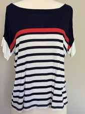 Ann Taylor LOFT Women Navy Blue Striped Short Sleeve T-Shirt M