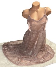Pink Iridescent Shimmering Shiny Silky Sheer Long Sheet Ruffle Trim Nightgown