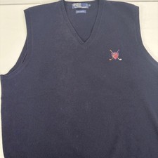 Vtg Polo Ralph Lauren Mens Navy Blue 100 Lambswool Golf Crest V-Neck Vest XL