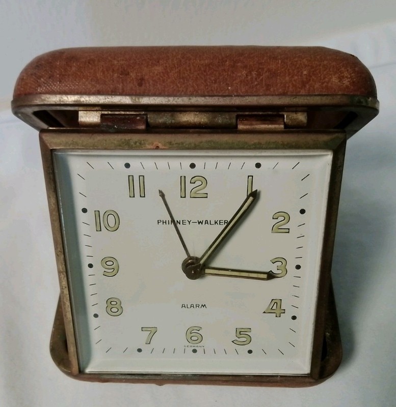Vintage Phinney Walker Wind-Up Travel Alarm Clock Brown Leather Case