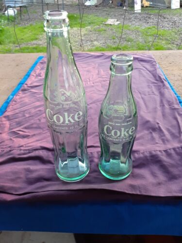 Vintage Coca Cola Bottles. 6 1/2 fl oz & 10 fl oz Glass. Coke Drink 1970s