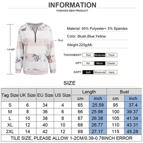 UK Womens Zipper Striped Blouse Ladies Casual V Neck Long Sleeve Sweater Tops - Bild 4 von 15