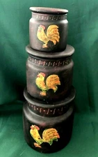 LANG AND WISE POTTERY PRIMATIVES - SET OF 3 STACKING JARS - SHIMMEL'S ROOSTER